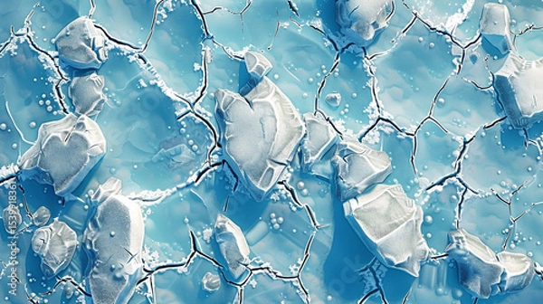 Fototapeta Frozen water surface texture with cracked ice and trapped air bubbles.