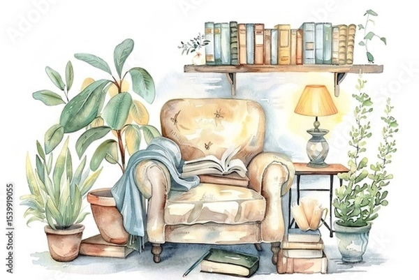 Fototapeta A chair is sitting in front of a bookshelf with a lamp on a table. The chair is covered with a blanket and a book is open on it. The room has a cozy and inviting atmosphere