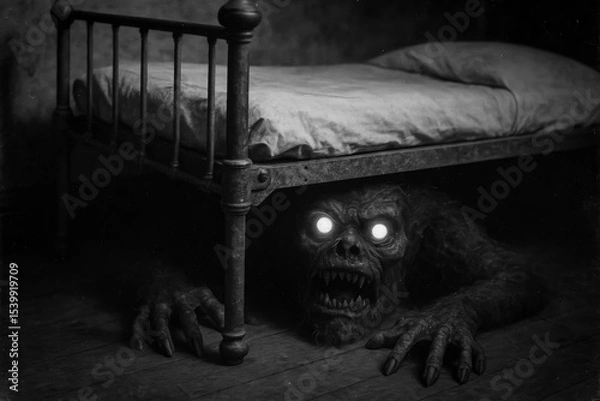 Fototapeta Monochrome horror: A terrifying creature with glowing eyes and sharp teeth lurks menacingly under an old bed in a dark, shadowy room. Childhood nightmare concept.