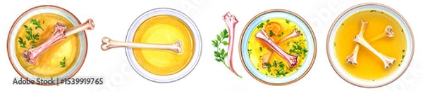 Obraz Delicious soup ingredients in bowls, showcasing broth and garnishes ready to serve.