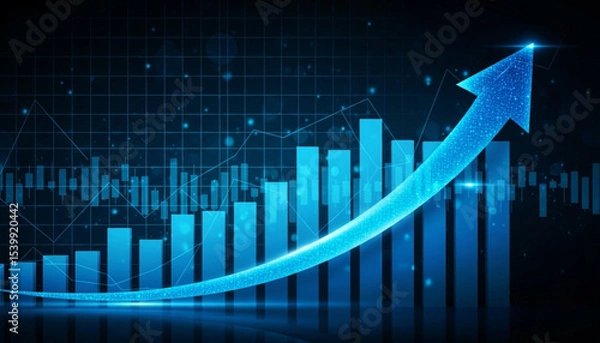 Fototapeta Upward blue arrow on digital graph with glowing data bars and lines over a dark blue grid background, symbolizing business growth, financial success, and technological advancement
