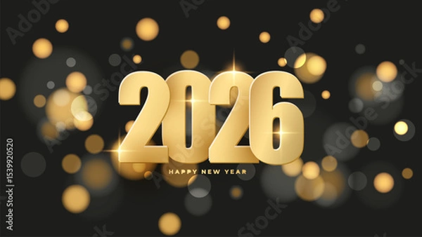 Fototapeta 2026 Happy New Year banner. Gold color. New Year 2026 bright festive holiday background. Bokeh lights. Vector illustration.