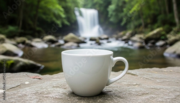 Fototapeta White cup on rocky streamside with lush green trees, waterfall, and natural light creating a peaceful atmosphere with contrast between simplicity and wild nature