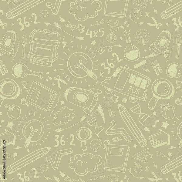 Fototapeta Education doodle seamless pattern. Science line hand drawn elements - mathematics formula, chemistry molecule, dna, graph, scientific experiment vector repeated background
