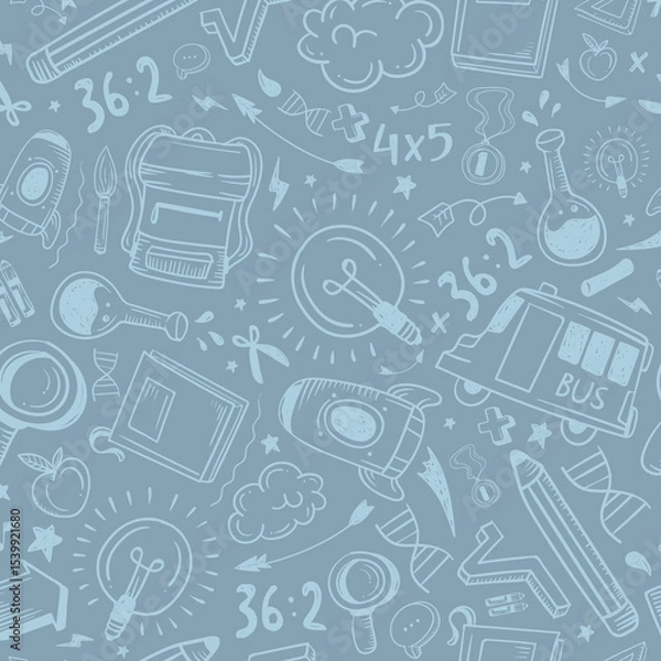 Fototapeta Education doodle seamless pattern. Science line hand drawn elements - mathematics formula, chemistry molecule, dna, graph, scientific experiment vector repeated background