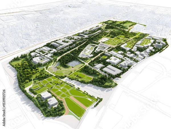 Fototapeta Urban park design with green spaces, trees, pathways, and buildings in city layout, showing detailed architectural plan with natural and constructed elements