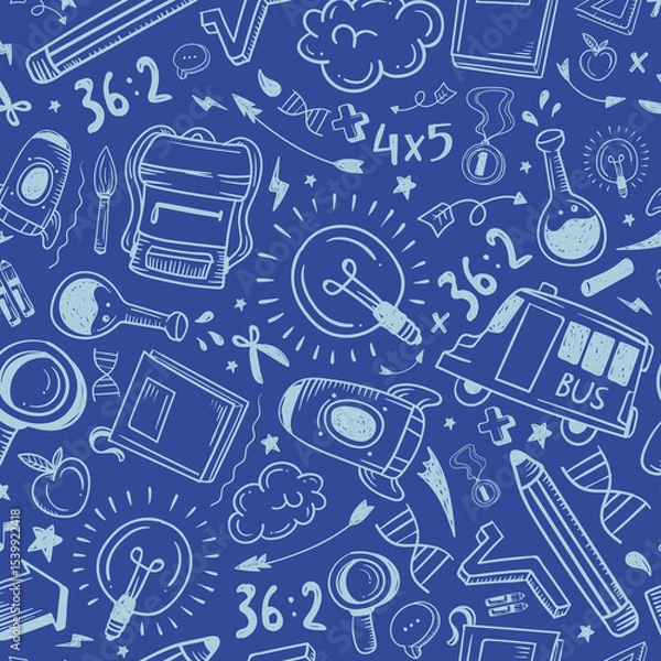 Fototapeta Education doodle seamless pattern. Science line hand drawn elements - mathematics formula, chemistry molecule, dna, graph, scientific experiment vector repeated background