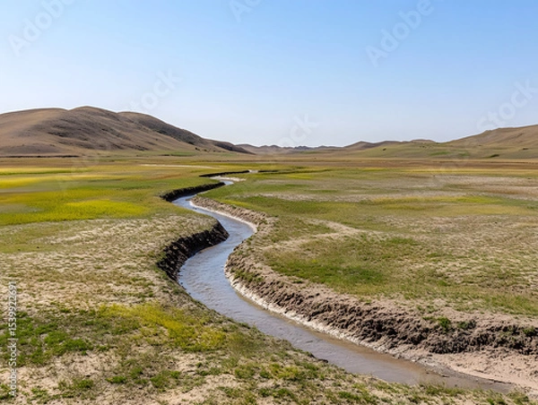 Obraz Dried delta landscape with winding dry channels and sparse green grass under clear blue sky, surrounded by gentle brown hills in vast open area