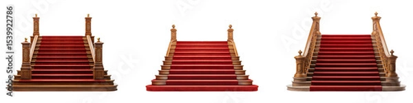 Fototapeta Collection of nice vintage wooden staircases with red carpets, isolated on a transparent background