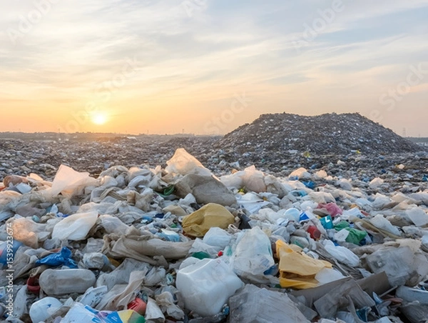 Fototapeta Landfill with plastic waste and garbage heaps under cloudy sky at sunset, showing environmental pollution and waste accumulation in large open area