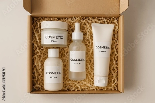 Obraz Cosmetic cream, lotion, and serum bottles in cardboard box with filler. Skincare packaging mockup for branding presentation