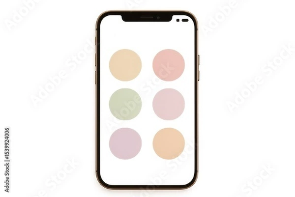 Obraz Smartphone screen with six pastel color circles on white background. Color palette app interface for design and UI mockup