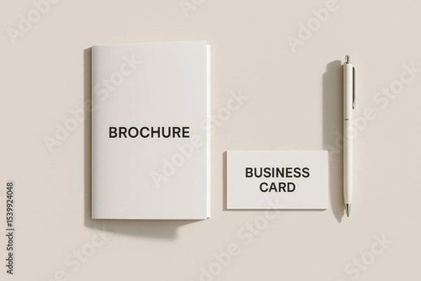 Obraz Brochure, business card, and pen on beige background. Branding stationery mockup for corporate identity design presentation