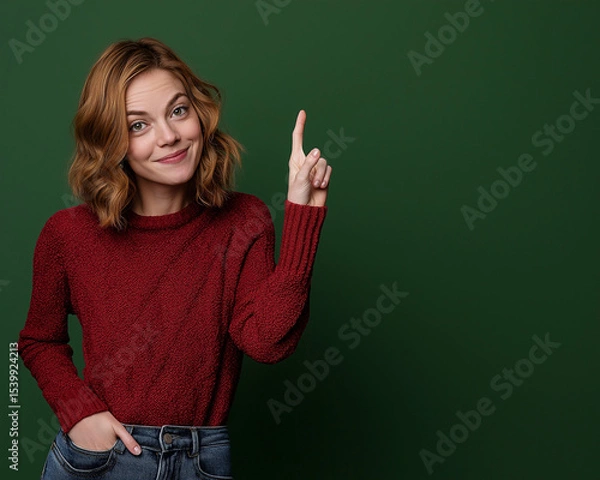 Fototapeta Full-Body Portrait of a Happy Woman in a Red Sweater and Blue Jeans, Pointing to the Side on a Green Background – Studio-Quality Lighting, Perfect for Advertising & Marketing