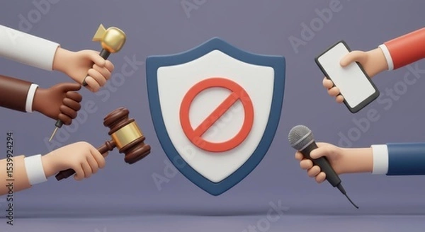 Fototapeta Digital Censorship and Free Speech Restrictions: A 3D Render Depicting the Conflict Between Media, Law, and Public Access