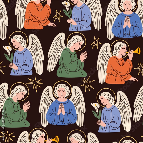Fototapeta Set of various Angels in colorful robes. Praying angels with horn, flower. Saints, creatures with wings, halos in different poses. Hand drawn Vector illustration. Seamless pattern, wallpaper