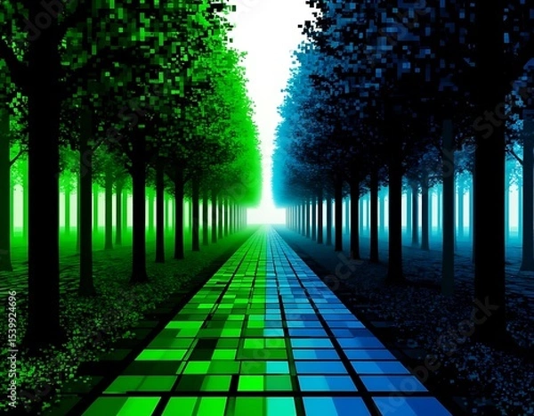Fototapeta digital forest trees , path with a grid of computer pixels in green , blue and black tones, digital reality abstraction background, matrix, codes,