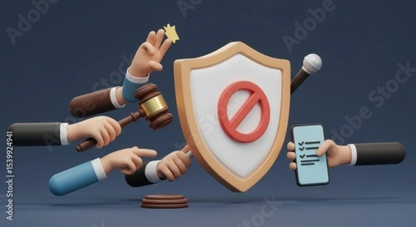 Fototapeta 3D Render of Digital Security and Legal Protection Shield with Gavel, Checklist, and Hands Representing Comprehensive Online Safety Measures