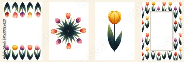 Fototapeta Frames with tulips for spring summer cards, invitations, packaging, posters and design templates. Simple floral borders and round compositions for love themes.