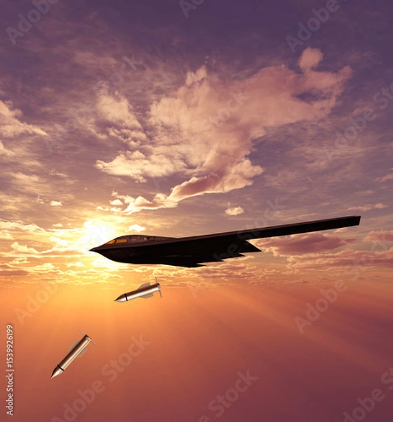 Obraz B-2 Spirit, Stealth Bomber, heavy strategic bomber, stealth technology designed to penetrate dense anti-aircraft defenses and GBU-57 MOP (Massive Ordnance Penetrator) bunker buster bomb. 3d rendering