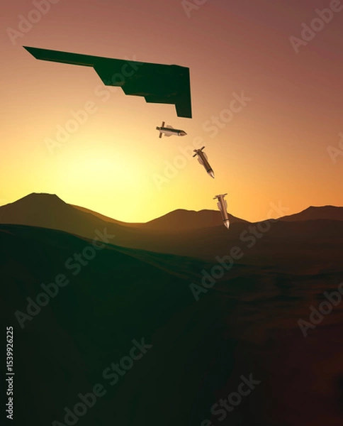 Obraz B-2 Spirit, Stealth Bomber, heavy strategic bomber, stealth technology designed to penetrate dense anti-aircraft defenses and GBU-57 MOP (Massive Ordnance Penetrator) bunker buster bomb. 3d rendering