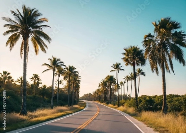 Obraz Sunlit road lined with palm trees, clear blue sky above, relaxed summer road trip atmosphere