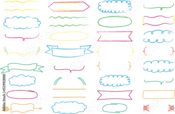 Fototapeta Hand-drawn colorful decorative frames and dividers set. Collection of doodle style borders, arrows, curly brackets, banners, and clouds. Ideal for scrapbooking, note design, invitations, and digital a