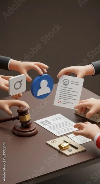 Fototapeta 3D Render of Legal Documents Review Process:  Hands Examining Contracts, Resumes, and Legal Symbols