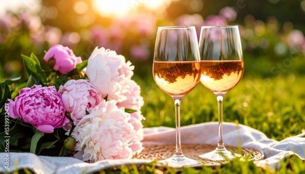 Fototapeta Two glasses of red wine and flowers on a table, perfect for a romantic celebration or dinner