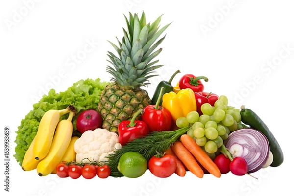 Obraz Fresh fruit and vegetable assortment isolated on transparent background