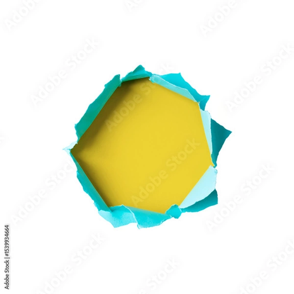 Fototapeta Close-up image of a blue paper sheet with a jagged hole torn through the center, revealing a transparent background.