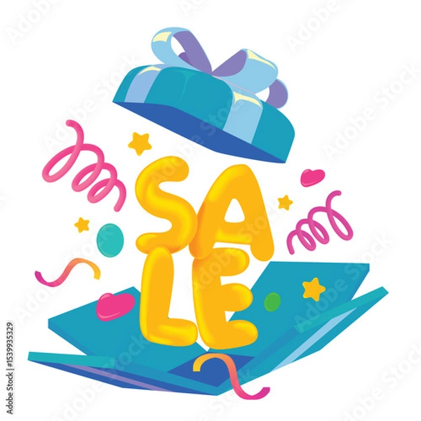 Fototapeta Flat cartoon vector of an open gift box with big yellow SALE balloon letters, festive ribbons, and confetti. Ideal for marketing, holiday sales, discounts, and promotions with vibrant cheerful element