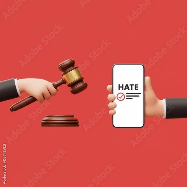 Fototapeta Online Hate Speech Condemnation: A 3D Render Depicting Legal Action Against Hateful Content Shared Via Smartphone
