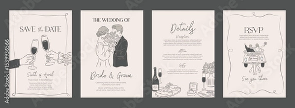 Obraz Collection of Wedding Invitation Hand drawn sketch Minimalistic Vector Illustration background template of couple wine and just married car