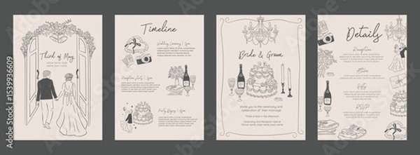 Obraz Collection of Wedding Invitation Hand drawn sketch Minimalistic Vector Illustration background template of couple, wedding timeline and food reception