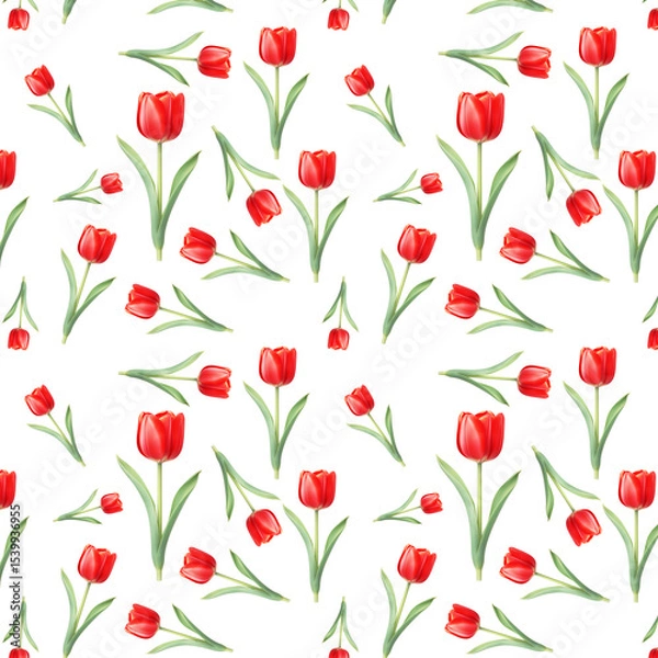 Fototapeta Elegant Pattern Of Red Tulips With Green Leaves On White