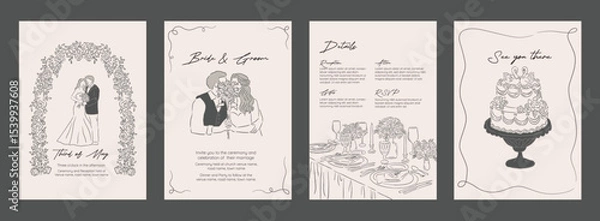 Obraz Collection of Wedding Invitation Hand drawn sketch Minimalistic Vector Illustration background template of floral garland table setting and swan cake