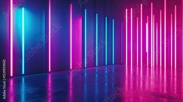 Fototapeta Neon lights illuminate a modern space.