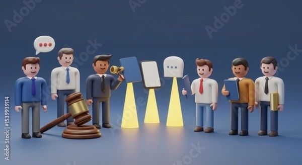 Fototapeta Digital Justice: 3D Render of Businesspeople and Legal Concepts in a Modern Setting
