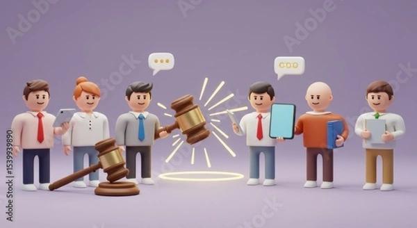 Fototapeta Online Dispute Resolution: 3D Render of  Businesspeople and Gavel
