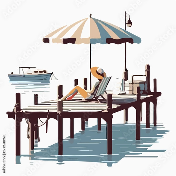 Fototapeta image of a woman sunbathing on a pier with a simple and minimalist flat design using a white background