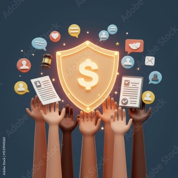 Fototapeta Financial Security and Protection: Diverse Hands Reaching for a Glowing Shield with Dollar Sign, Symbolizing Collective Wealth, Safety, and Shared Prosperity.