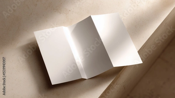 Fototapeta mockup photo of an tri-folded brochure (folded in three) laying flat on a light beige, smooth-textured coffee table