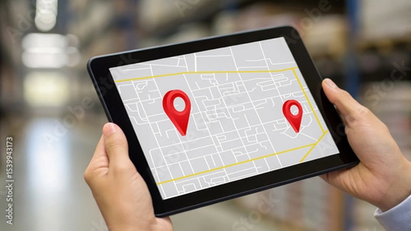 Obraz Global supply chain automation and sustainability shown with digital map on tablet in warehouse