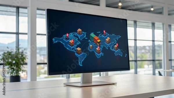 Obraz Global supply chain automation and sustainability concept shown computer screen modern office