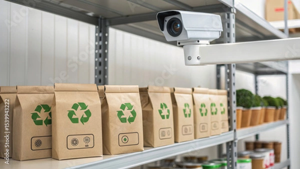 Obraz Recycled packaging shelf monitored by automation camera highlights global supply chain