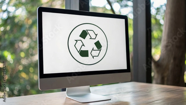 Obraz Global supply chain automation sustainability concept with recycle symbol on computer screen