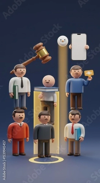 Fototapeta 3D Render of Business Selection Process  with Gavel, Smartphone, and Snowman