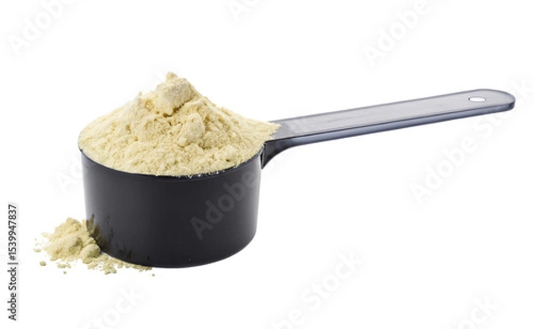 Fototapeta Whey protein powder scoop for bodybuilding nutrition and fitness supplements on white background isolated
