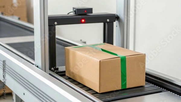 Fototapeta Global supply chain automation sustainability concept with package on conveyor in warehouse